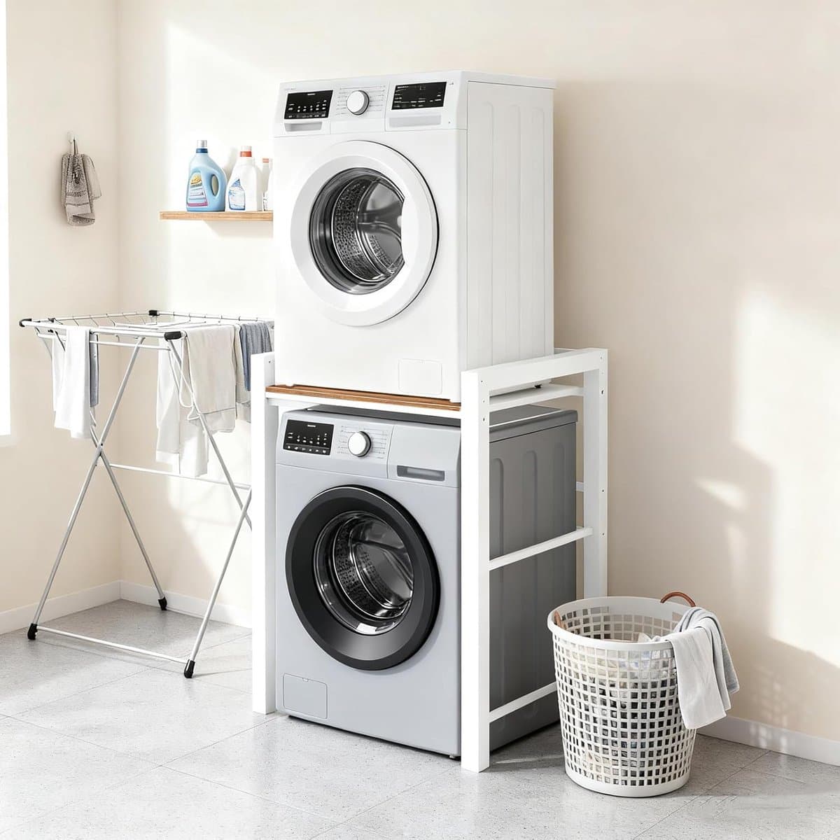 Stapelkast 3-in-1 voor wasmachine en droger met verstelbare hoogte en draagvermogen tot 300 kg — afbeelding 1