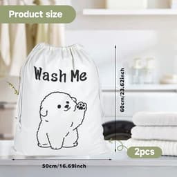 Waszak 50 x 60 cm - Waszakken 2 stuks - Waszak met hondenontwerp - Opbergzakken voor wasgoed - Katoenen waszakken - Duurzaam en robuust - Wasmand — thumbnail 3