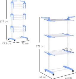 OKWISH Droogtoren Met Wielen En 4 Lagen 73 X 64 X 177 Cm Uitklapbaar Staal Blauw Voor Binnen En Buiten Met Dubbele Ophanghaken — thumbnail 3