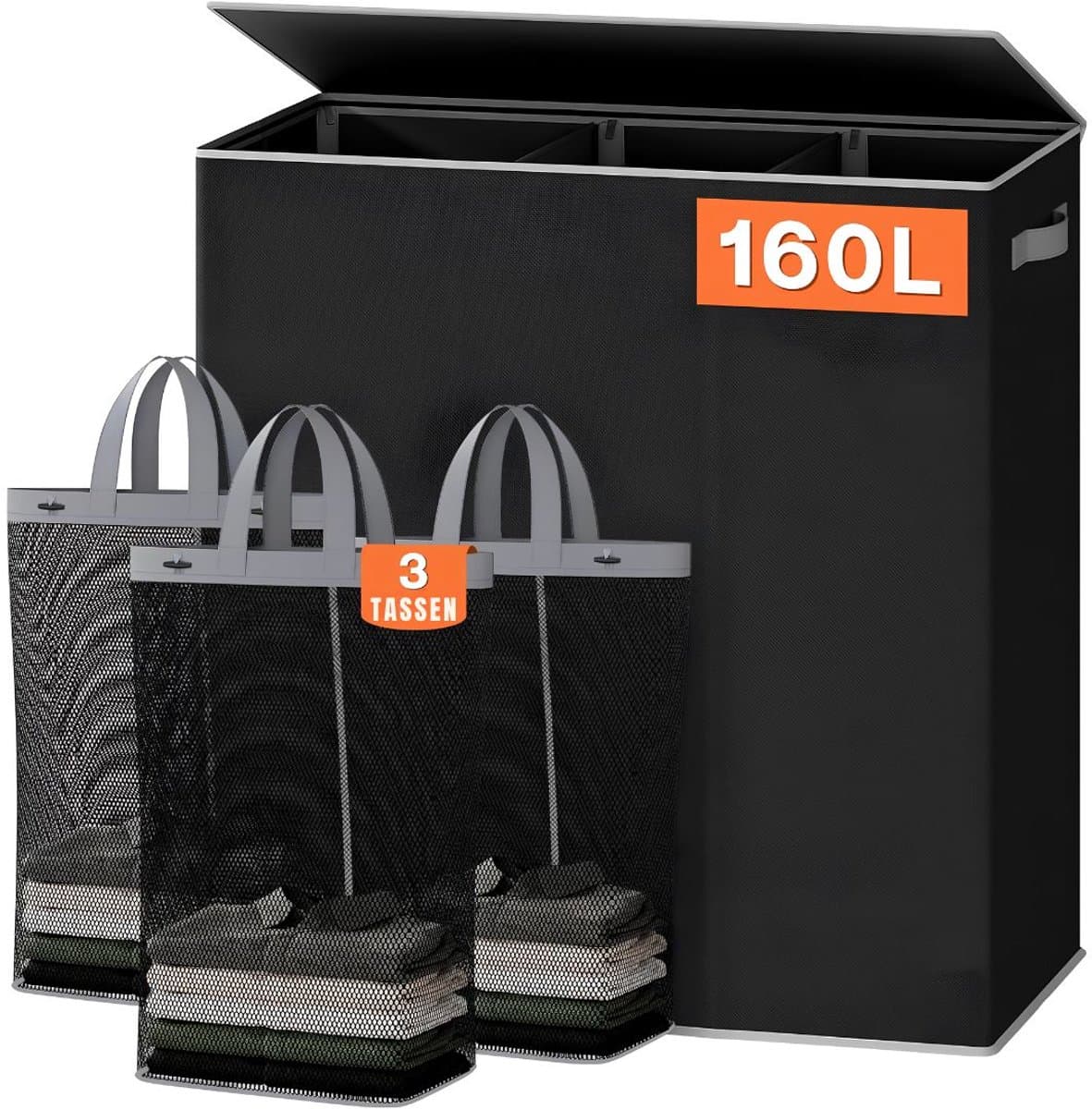 SP® Wasmand - 160L - Wasmand 3 Vakken - Wasmand Met Deksel - Zwart - 64cm x 36cm x 70cm — afbeelding 1