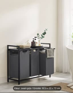 Wasmand 3 Vakken, Wasverzamelaar met Plank, Wasdoos, Oxford Doek Waszak Afneembaar, Metalen Frame, 3 x 38 L, 92.5 x 33 x 72 cm, Vintage Zwart-Grijs — thumbnail 1