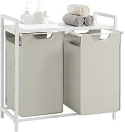 Wasmand, wasmand met 2 vakken, uittrekbare en verwijderbare voerzakken, kledingsorteerder, plank, metalen frame, 2 x 46 l, 73 x 33 x 72 cm, crèmewit en matwit BLH201W01 — thumbnail 1