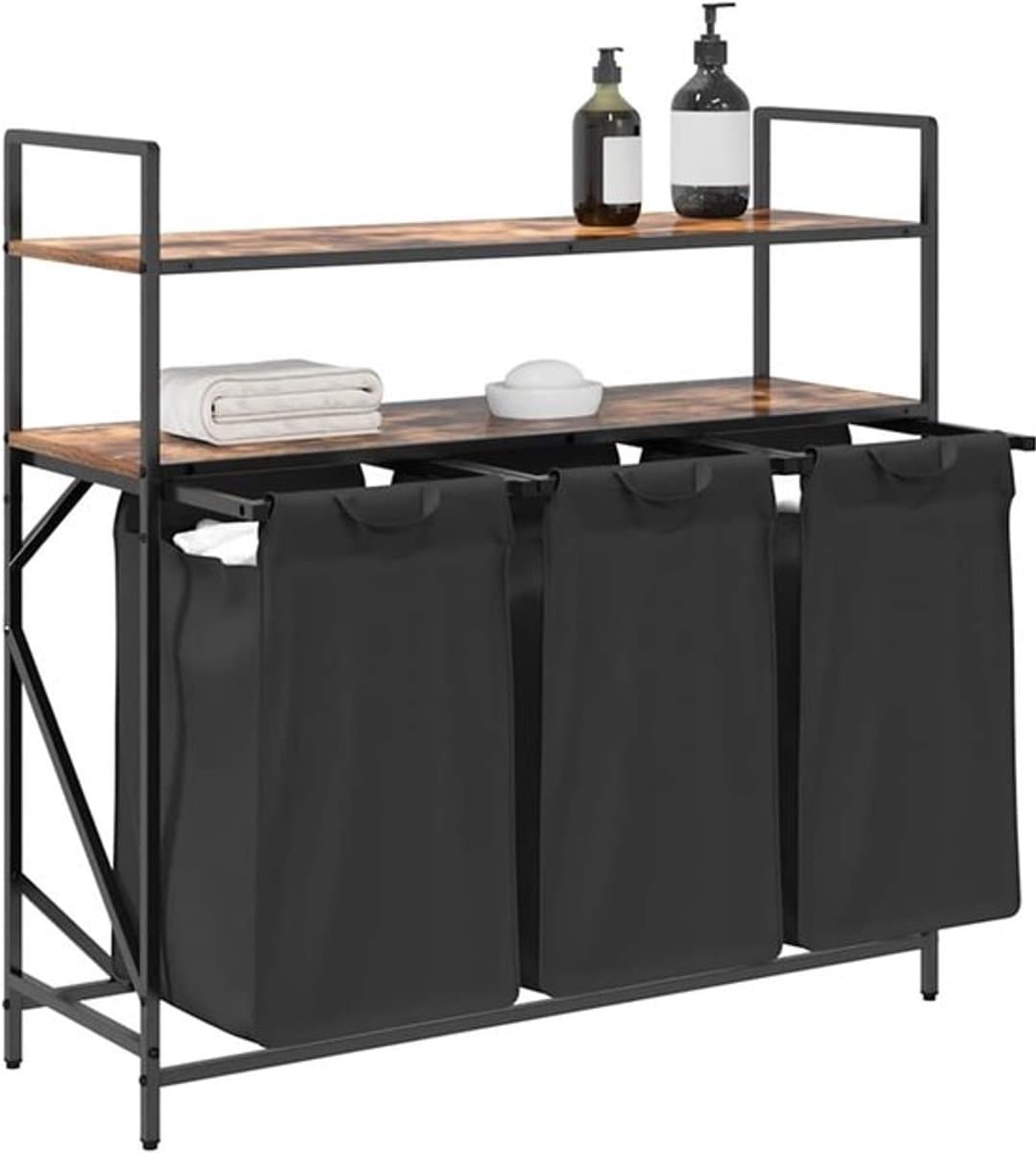 Wasmand – Wasbak – Wascontainer – Wasbox – Waskuip – 3 Compartimenten – Stalen Frame Met Eiken Planken — afbeelding 1