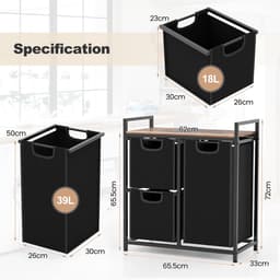 SureDeal® - Wasmand met 3 Vak - 75 L - Metalen Frame - 3 Afneembare Waszakken - 65 -5x33x72 cm - Zwart/Rustiek Bruin — thumbnail 2