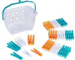 Wasknijpers met mand - Kledingknijpers Set - Was ophangen - Roestbestendig ontwerp - 48 stuks - Multicolor