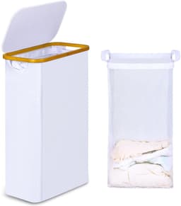 Wasmand met deksel - smal en opvouwbaar - 60 liter - wit - bamboe — thumbnail 1