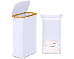 Wasmand met deksel - smal en opvouwbaar - 60 liter - wit - bamboe