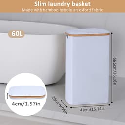 Wasmand met deksel - smal en opvouwbaar - 60 liter - wit - bamboe — thumbnail 4