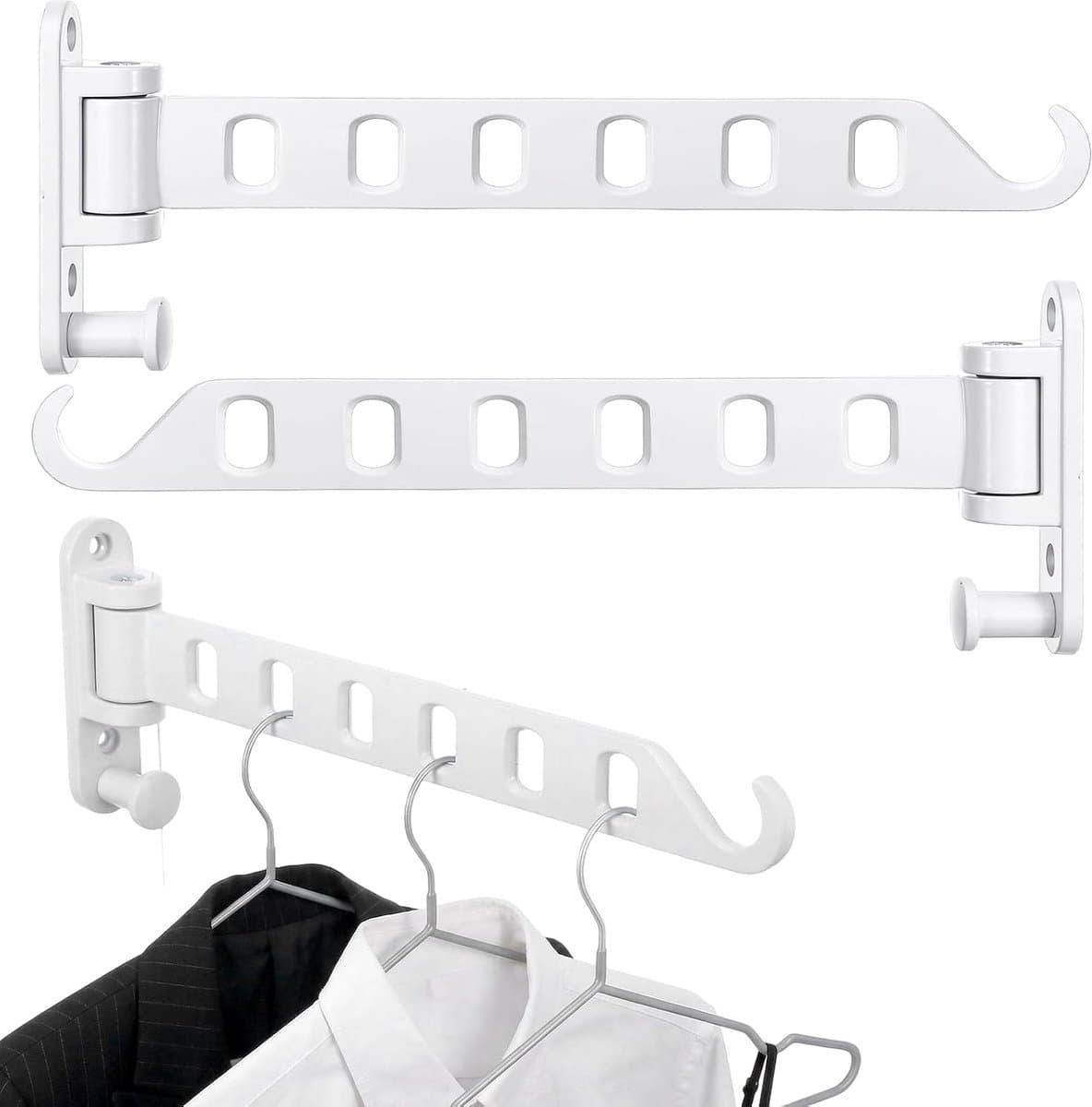 YAGXIG Wandgemonteerde Kledingrekken - Set van 3 - 180° Draaibare Arm - Stevig Aluminium - Opklapbare Haken - Geschikt voor Badkamers, Kasten, Slaapkamers en Wasruimtes, Ruimtebesparend (Wit) — afbeelding 1