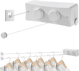 Waslijn, intrekbaar, voor binnen en buiten, 2 x 5,1 m, roestvrij staal, intrekbaar, ruimtebesparend droogrek (wit) — thumbnail 1