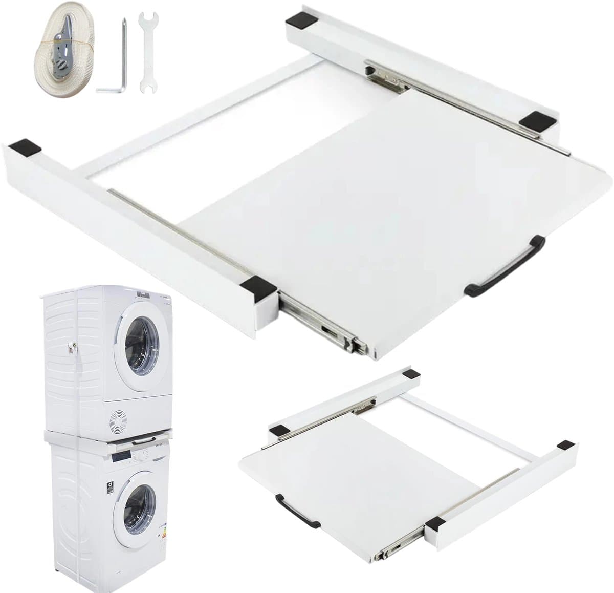 Tussenframe Wasmachine Droger - Universeel Stapelframe - Draagvermogen tot 150 kg - Uittrekbaar Werkblad 38 × 50 cm - 6 m Bevestigingsband - Inclusief Antislipmatten - Voor Wasruimte en Stapelen tot 60 × 60 cm — afbeelding 1
