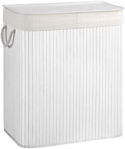 Wasmand met twee vakken Sorteermand 51,5 x 31,5 x 60,5 cm wit 100L grote capaciteit met deksel afneembare katoenen binnenzak en katoenen handgrepen Voor het sorteren van lichte en donkere kleding Geschikt voor wasruimte en slaapkamer — thumbnail 1