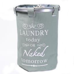 Ronde Wasmand met deksel - 50 L- Tekst LAUNDRY TODAY OR NAKED TOMORROW - Badkamer wasmand afsluitbaar - Waszak - Groen — thumbnail 1