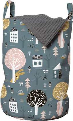 New Bed, Wasmand Bosprint met Huisjes, Scandinavische Stijl Opbergmand Kinderkamer met Handvatten en Koordsluiting, Speelgoedmand kinderen - Speelgoedkist - Wasbox - 33 x 48 cm — thumbnail 1