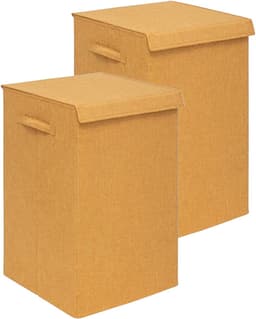 5Five Eureka sorteer wasmand - 2x - 74 liter - okergeel - 37 x 37 x 60 cm - MDF/Polyester stof - met afsluitklep — thumbnail 1