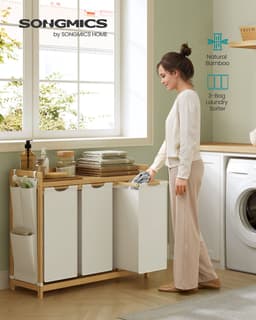 Wasmand – 3 Vakken – 3 x 50 L – 94 x 33 x 78 cm – Crèmewit – Grote Opberger — thumbnail 2
