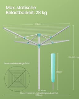 Furnstar Droogrek in hoogte verstelbaar 50 m waslijn voor 5 wasmachineladingen outdoor tuin met bodemhuls wasknijpers zilver-groen LLR301E01 — thumbnail 4