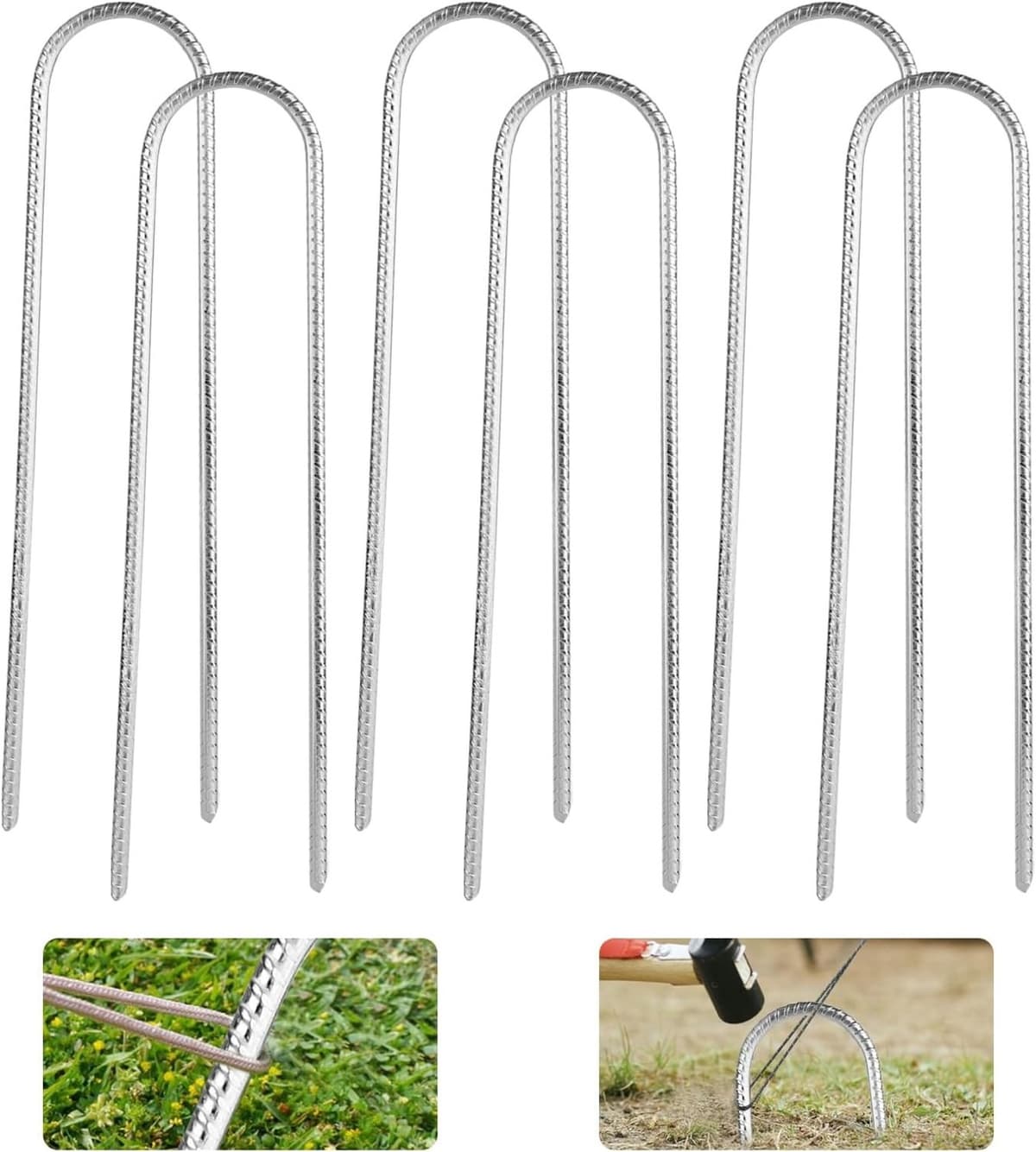 Set van 6 Grondankers van 30 cm van Gegalvaniseerd Staal - Sterke U-Vormige Tentpinnen voor Beveiliging van Tenten, Schuttingen en Luifels tijdens Kamperen — afbeelding 1