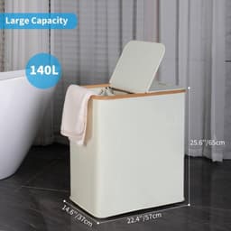 Wasmand 140l - Dubbel Compartiment - Linnen en Bamboe - Met Deksel — thumbnail 2