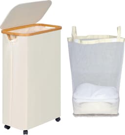Efluky Vuile wasmand met deksel, wasmand met wieltjes, inklapbare strijkmand met 75 l inhoud, met bamboe handgrepen en afneembare tas, opvouwbare wasmand — thumbnail 1