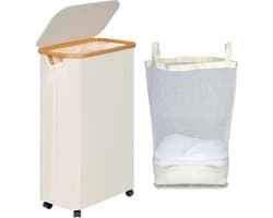 Efluky Vuile wasmand met deksel, wasmand met wieltjes, inklapbare strijkmand met 75 l inhoud, met bamboe handgrepen en afneembare tas, opvouwbare wasmand
