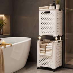 2 Opvouwbare Wasmanden met Wieltjes – Stapelbare Wassorteerder met Handdoekrek, Ventilatiegaten en Uitschuifbare Mand. — thumbnail 3