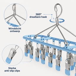 Bobypet - Droogrek - Sokken drogerrek - 2 Stucks - Winddicht & Roestvrij - Wasrek met Knijpers - 360° Draaibaar Droogrek RVS - Voor Sokken & Ondergoed - Blauw — thumbnail 4