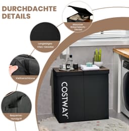 COSTWAY Wasmand met deksel, 115 liter, wasverzamelaar, 2 vakken, wasbox van vliesstof met handgrepen, 62 x 31 x 60 cm (zwart) — thumbnail 5