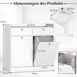 COSTWAY Kantelbaar Wastafelkast met Plank, Lade en Afneembare Waszak, Modern Vrijstaand Badkamerkast met Handgreep Wit 79 x 40 x 80 cm — thumbnail 3