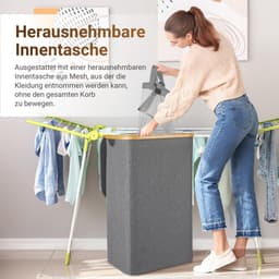 Wasmand met deksel, 100 liter, wasmanden met handgrepen, opvouwbare wasverzamelaar met uitneembare waszakken, extra groot, voor bijkeuken, slaapkamer, grijs — thumbnail 4
