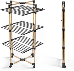 Folding Drying Rack 3 Levels Laundry Rack Large Capacity 25 m Drying Rack with 4 Wheels 2 Side Wings for Indoor and Outdoor Use Black — thumbnail 1