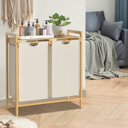 Wasmand van bamboeframe, 2 vakken, 36 l, 73 x 64 x 33,5 cm, wasverzamelaar met plank, waszak van Oxford-weefsel, wassorteerder, hout, waszakken voor bijkeuken, slaapkamer, beige — thumbnail 4