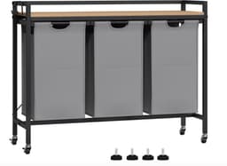 J&R Wasmand kastje - Wasmand met 3 vakken - Wassorteerder - Wasmand tafel - Waszak - Badkamerkast - Wasmand meubel - Wasmand rek - Light oak - Zwart metaal — thumbnail 1