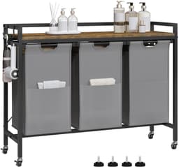 Varnox Wasmand kastje - Wasmandkastje - Tafel met wasmand - Wasmand met 3 vakken - Wassorteerder - Wasmand tafel - Badkamerkast - Wasmand meubel - Waszak - Wasmand rek - Dark oak - Op wielen - Zwart metaal — thumbnail 1