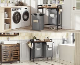 Varnox Wasmand kastje - Wasmandkastje - Tafel met wasmand - Wasmand met 2 vakken - Wassorteerder - Wasmand tafel - Waszak - Badkamerkast - Wasmand meubel - Wasmand rek - Dark oak - Op wielen - Zwart metaal — thumbnail 5