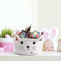 Geweven Kat-opbergmand met Oren - Decoratieve Organizer voor Speelgoed en Accessoires - Katoenen Touw - Ideale Cadeau voor Huisdieren en Kinderen - Compacte Maat 21 x 12 cm — thumbnail 5