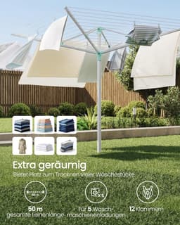 Furnstar Droogrek in hoogte verstelbaar 50 m waslijn voor 5 wasmachineladingen outdoor tuin met bodemhuls wasknijpers zilver-groen LLR301E01 — thumbnail 3