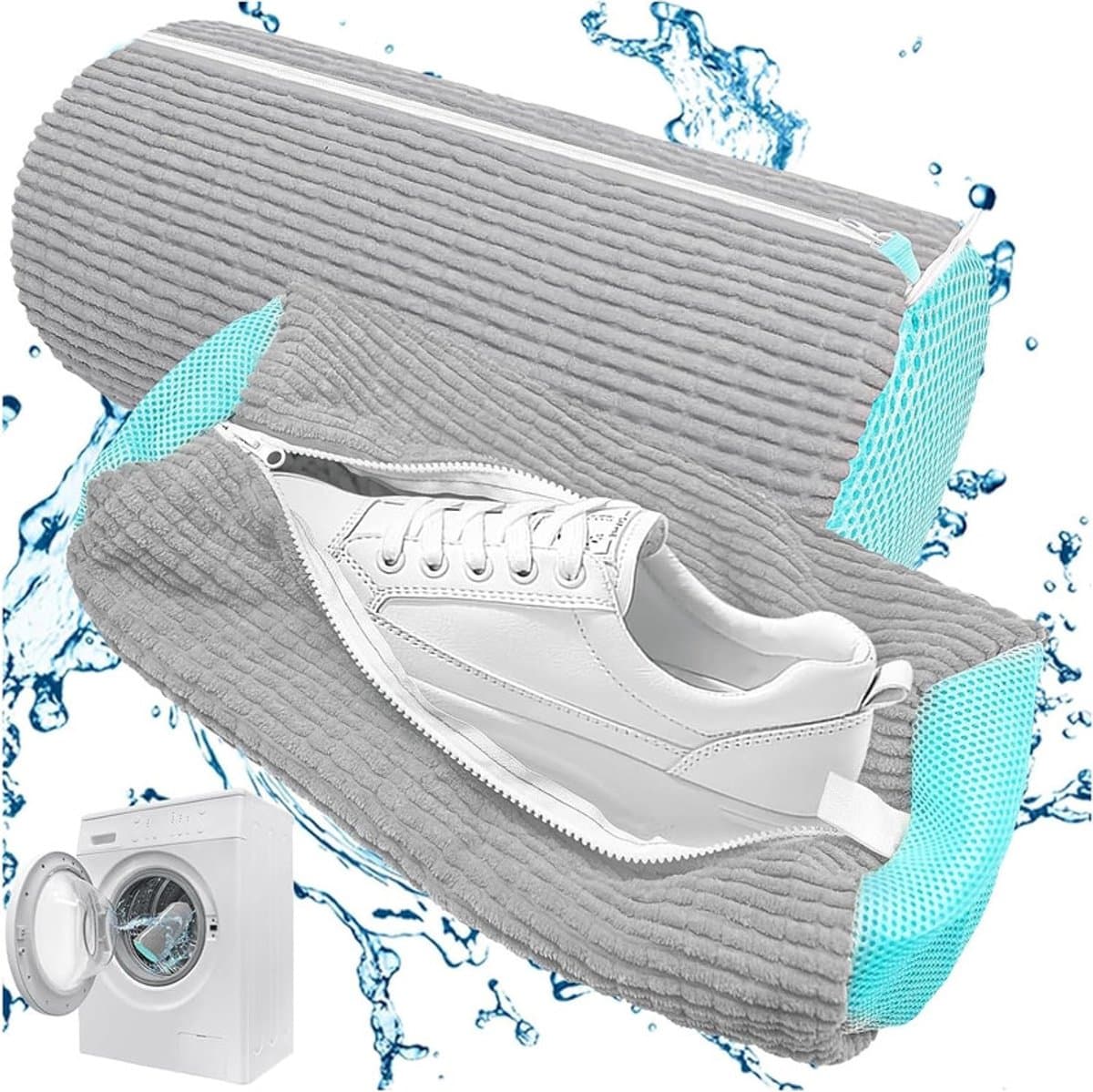 2 stuks schoenen waszak, sneakers, schoenen voor wasmachine, 39 x 19 cm, schoenwaszak, herbruikbare waszak, met ritssluiting, schoenen waszak, netschoenen waszak voor sneakers (grijs) — afbeelding 1