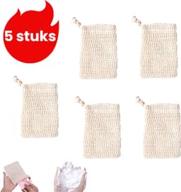 5-delige set - Katoen-linnen schuimende mesh zeepzakjes - Handgemaakte zeepzakjes - Zeepzakjes met trekkoord voor de badkamer - Geknoopt model - Beige — thumbnail 1