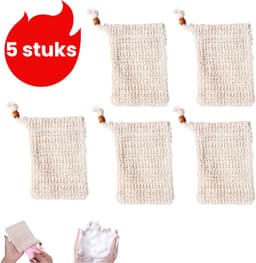 5-delige set - Katoen-linnen schuimende mesh tas - Handgemaakte zeeptas - Badkamer zeeptas met trekkoord - Met kralen - Beige — thumbnail 1