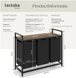 tectake® Wassorteerder - Wasmand met 3 vakken en deksel - Industriële stijl - Uittrekbare vakken - In hoogte verstelbare kunststof voetjes - Wasbox - Waskorf - 34x93,5x72cm — thumbnail 5