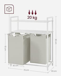 Wasmand - 2 Vakken & Opbergrek – Dubbele Was Sorter met Uitneembare Waszakken – 90L - Wit - 73x33x92cm — thumbnail 2