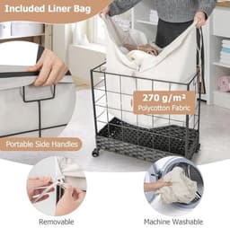 Wasmand met wieltjes en deksel - 130 l, 2 vakken, uitneembaar - Perfect voor badkamer en slaapkamer — thumbnail 4