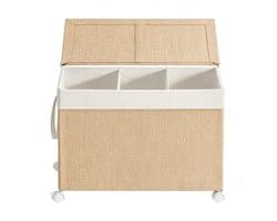 Drie-vaks grote wasmand, opbergmand, vuilewasmand 66,5×37,5×65 cm naturel, rotan-design, met deksel en afneembare binnenzak, wielen met rem, 140L grote capaciteit, voor huishoudelijk gebruik