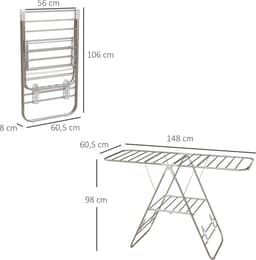 Opvouwbaar Wasrek - 146x60,5x98 cm - Flügeltrockner + Telescopische Stangen - RVS & Kunststof - Zilver/Wit — thumbnail 4