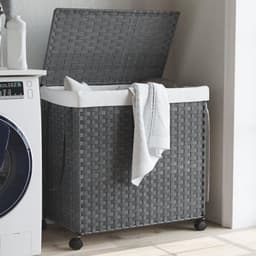 Grote Wasmand op Wielen 60x35x60.5cm - Waszak met 3 Compartimenten, Wicker Wasmand — thumbnail 2