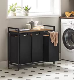 Wasmand 3 Vakken – Metalen Frame met Houten Blad – 3 Uitneembare Waszakken – Was Sorteren Toonbank – Zwart – 92,5 cm — thumbnail 1