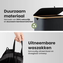 Nince Wasmand - 2 Vakken - 141L - Met Deksel - Wassorteerder - Uitneembare Waszakken - Bamboe - Opvouwbaar - Zwart — thumbnail 2