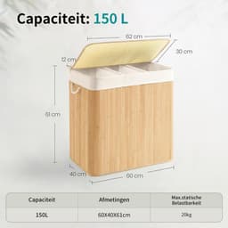 Bamboe Wasmand 150L met Deksel en 3 Compartimenten – Opvouwbare Wasmand met Uitneembare Binnenzak – Stevig, Duurzaam & Groot Formaat — thumbnail 5