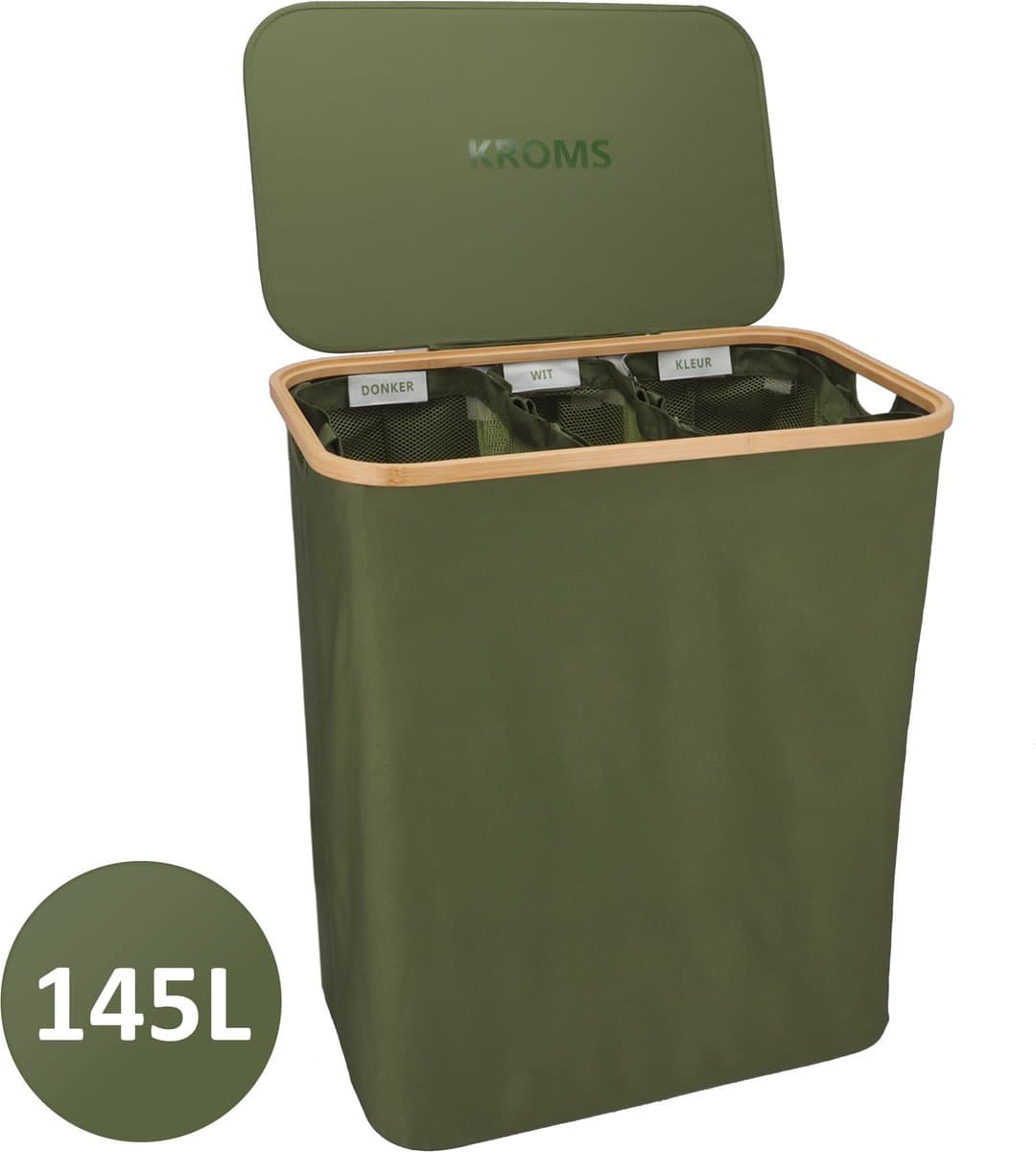 KROMS Wasmand 3 vakken - Olijfgroen - Inclusief NL & ENG Labels - Wassorteerder bamboe - Laundry basket - Wasmand met deksel - 145 L — afbeelding 1
